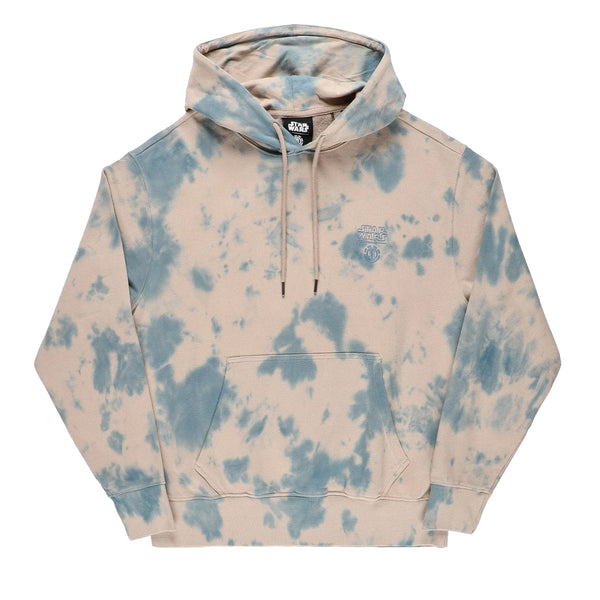 A beige hooded sweatshirt with light blue tie-dye patterns, featuring a front pouch pocket and drawstrings – truly the ELEMENT X STARWARS GALAXY HOODIE BEIGE MARBLE.