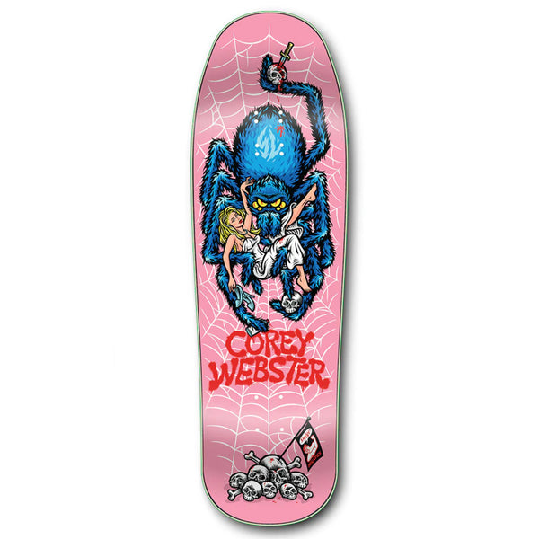 The STRANGELOVE CORY TODD BRATRUD / WEBSTER II skateboard deck features a graphic of a large blue spider clutching a skateboarder, set against a vivid pink web backdrop. Below the image lies the text "Corey Webster." Designed by Todd Bratrud for STRANGELOVE, this skate deck blends unique artistry with premium craftsmanship.