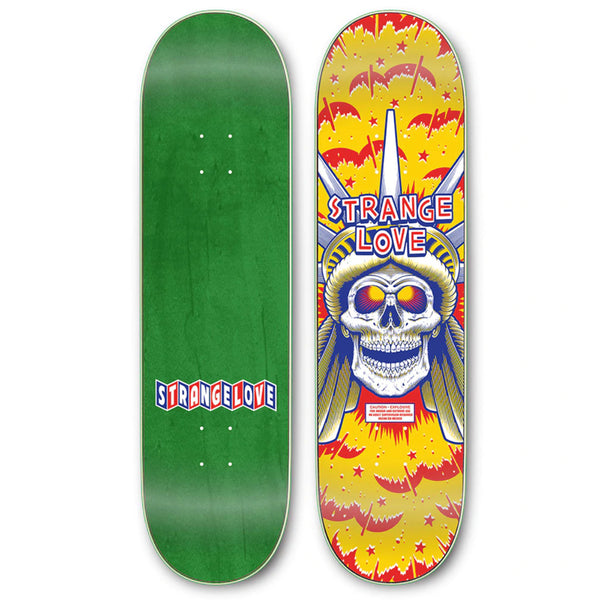 Two skateboard decks displayed: one with a plain green design and the text "Strangelove," and the other from the STRANGE LOVE LIBERTY series featuring a vibrant, colorful graphic with a skull, wings, and the text "Strange Love." The latter is autographed by Sean Cliver as part of this exclusive series by STRANGELOVE.