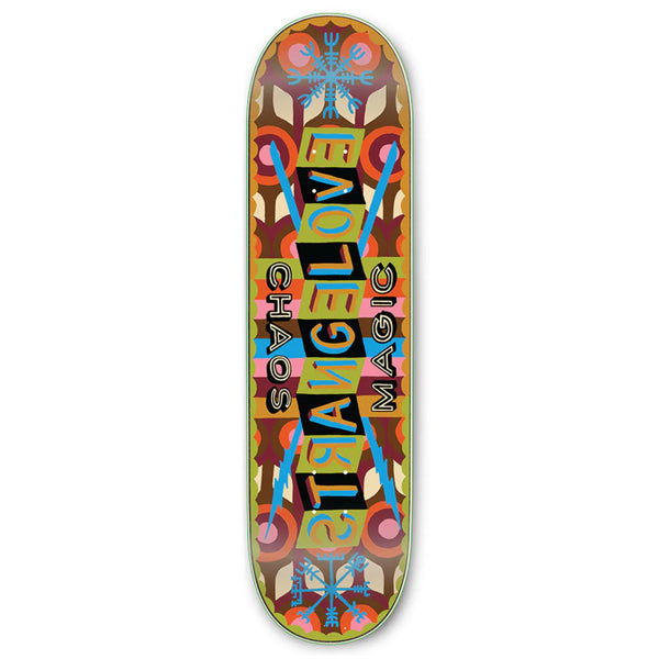 A skateboard deck named "STRANGE LOVE AARON ROSE CHAOS MAGIC" from the brand STRANGELOVE, adorned with a colorful, symmetrical design and bold lettering that reads "STRANGE LOVE" and "CHAOS MAGIC," reminiscent of Aaron Rose's eclectic artistic style.