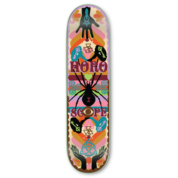 The STRANGE LOVE AARON ROSE SAD GIRLS skateboard deck by STRANGELOVE showcases a vivid, abstract design featuring various symbols, hands, birds, and a central spider. The words "HORO SCOPE" are prominently displayed in the middle, embodying the unique artistic influence of Aaron Rose.