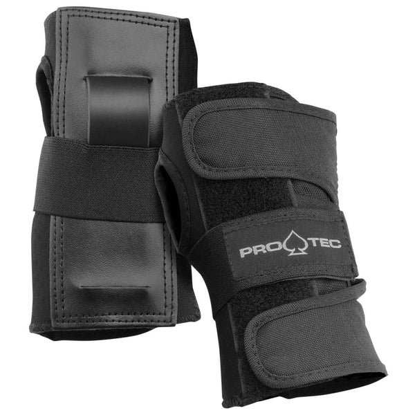 The PROTEC STREET WRIST GUARD by PRO-TEC features black wrist guards with Velcro straps and protective padding for reliable support; the PRO-TEC logo appears on one guard.