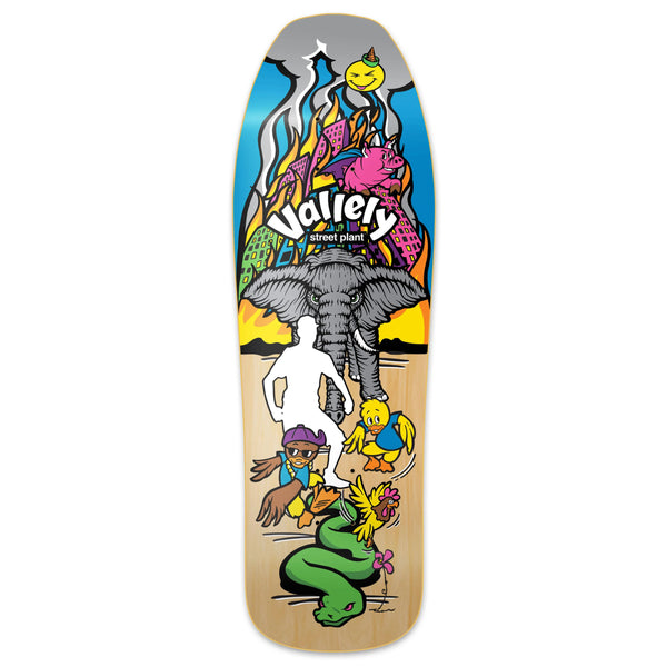 A STREET PLANT BRAND VALLELY SUPER FRIENDS OG SHAPE skateboard with an elephant and other animals on it.