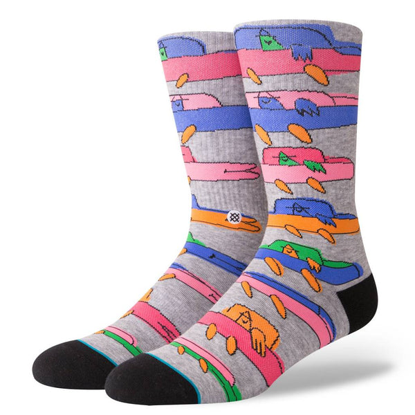 A pair of STANCE SOCKS STUCK IN THE TRAFFIC LARGE with a food-themed pattern displayed against a white background.