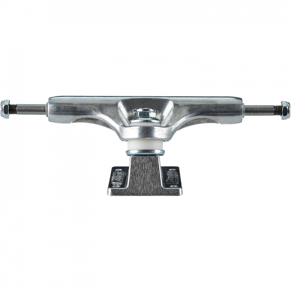 A SLAPPY TRUCKS silver skateboard with a black background.