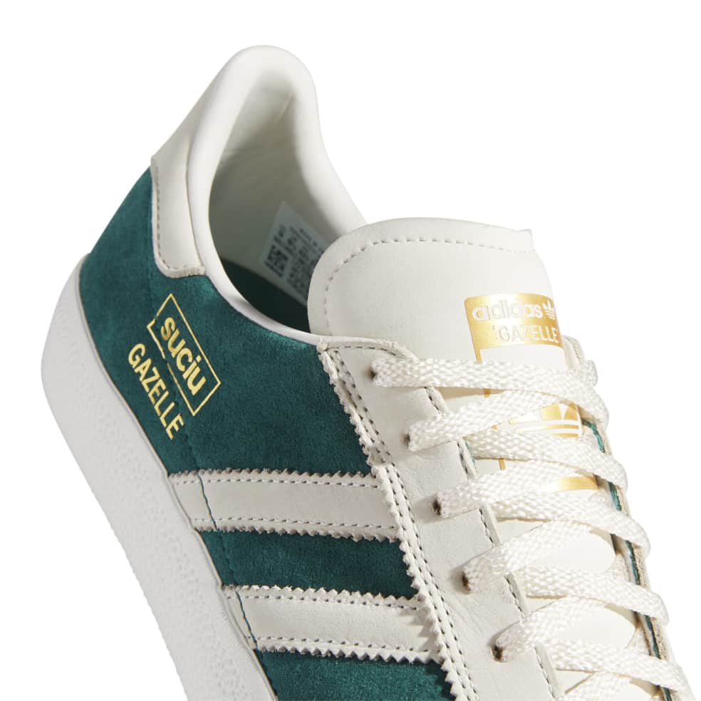 ADIDAS Originals Suciu Gazelle ADV trainers in green and gold.