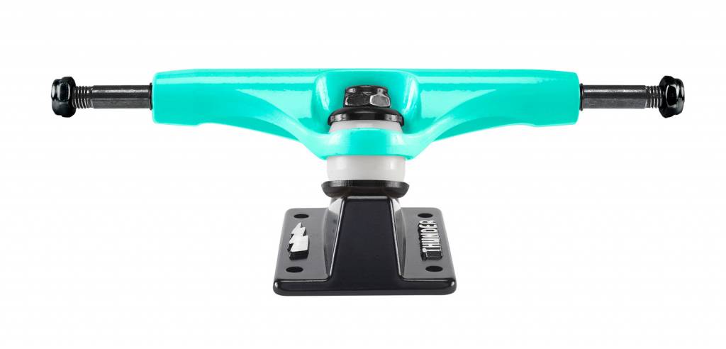 A THUNDER TRUCKS CORAL LIGHTS (SET OF TWO) skateboard truck in turquoise and black.