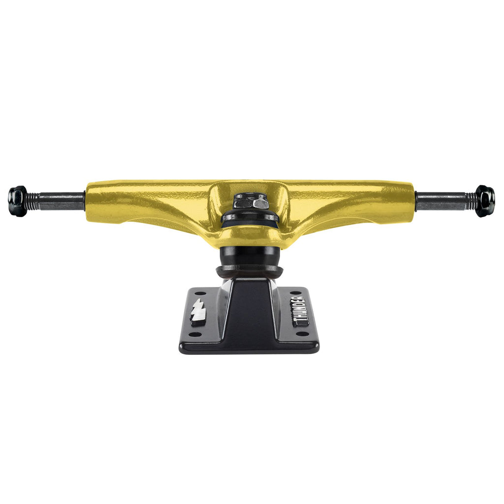 A yellow and black skateboard truck with THUNDER TRUCKS 148 GLD/BLK 24K HOLLOW LIGHTS (SET OF TWO) on a white background.