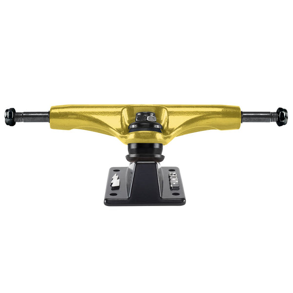 A yellow and black skateboard truck with THUNDER TRUCKS 148 GLD/BLK 24K HOLLOW LIGHTS (SET OF TWO) on a white background.