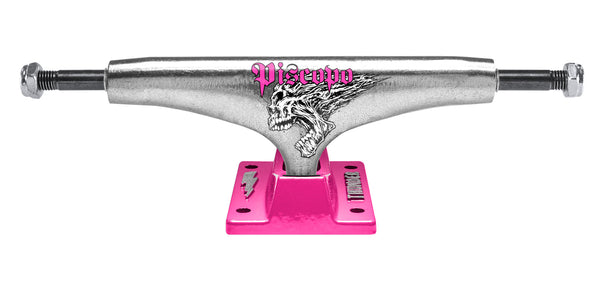 A THUNDER TRUCKS DONOVAN SCRAM SKULL 148 skateboard truck, in silver and pink.