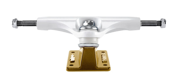 A white and gold THUNDER TRUCKS 148 O'NEILL HOLLOW WHITE (SET OF TWO) skateboard truck on a white background.
