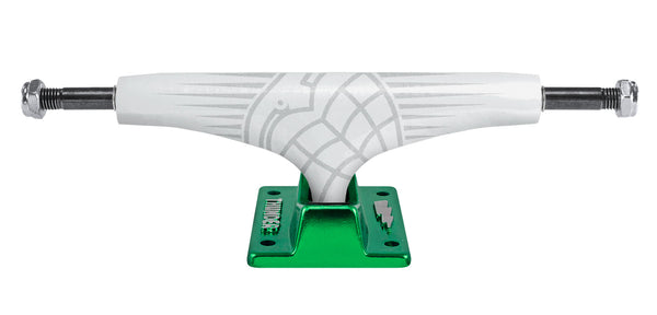 A white and green THUNDER TRUCKS 148 FLUX SONORA HOLLOW (SET OF TWO) skateboard truck on a white background.