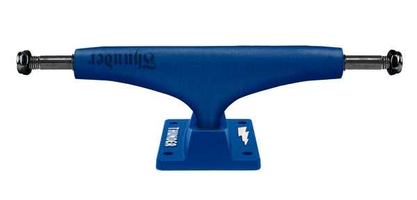 A THUNDER TRUCKS 148 DIPPED SCRIPT BLUE skateboard truck on a white background, made by THUNDER.