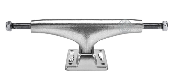 A silver THUNDER 151 HOLLOW POLISHED II skateboard truck on a white background.