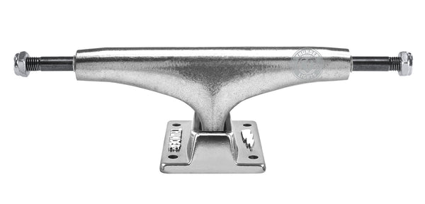 An eye-catching silver THUNDER 145 TEAM HOLLOW POLISHED skateboard truck on a clean white background.