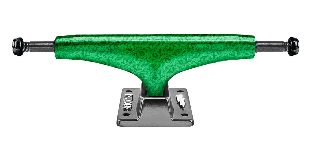 A THUNDER TRUCKS 148 CHROMA GREEN HOLLOW (SET OF TWO) skateboard truck on a black background.