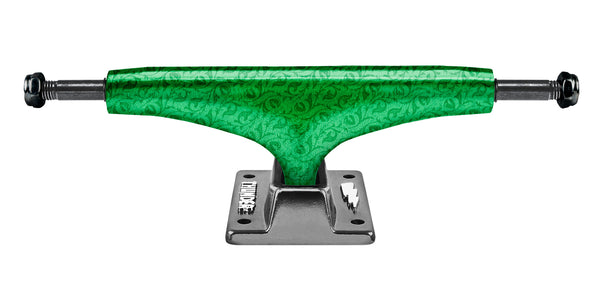 A THUNDER TRUCKS 148 CHROMA GREEN HOLLOW (SET OF TWO) skateboard truck on a black background.