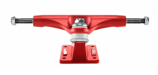 A Thunder Hollow Lights Strike Red 147 Hi skateboard truck with anodized red hanger on a white background.