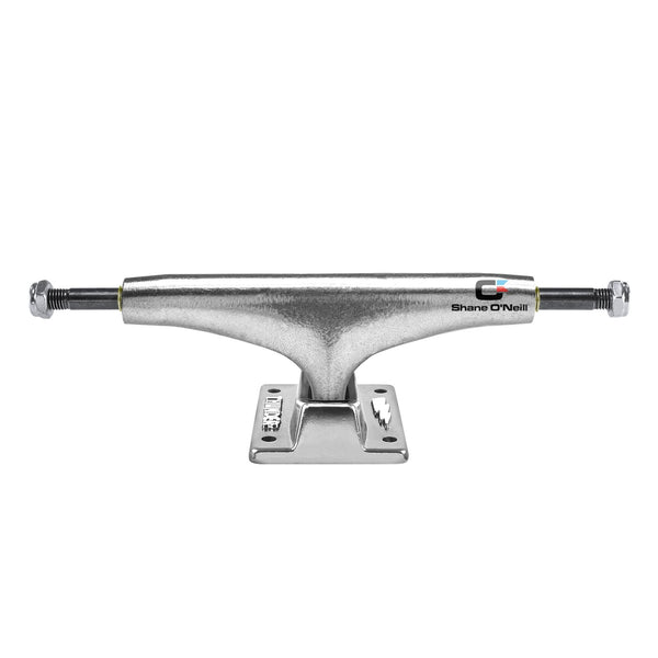A silver THUNDER TRUCKS 148 O'NEILL COMMADORE LIGHTS skateboard truck on a white background.