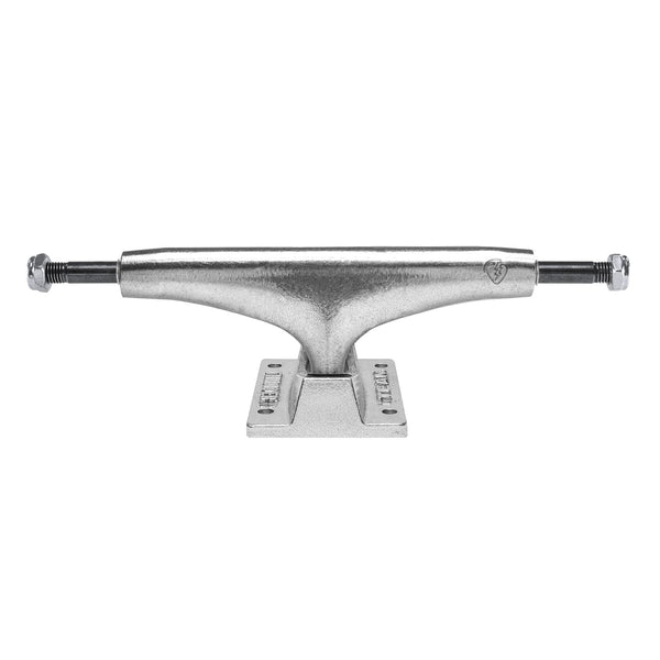 A silver THUNDER TRUCKS 151 TYSON STAMPED SERIES skateboard truck on a white background.