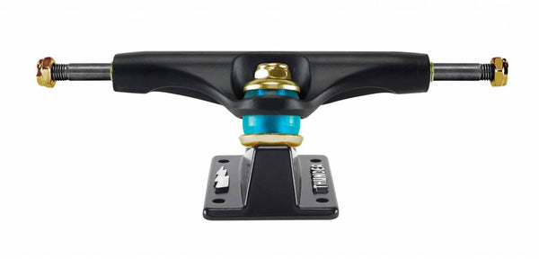 A black and blue THUNDER TRUCKS 149 GOLDSTRIKE LT BLK skateboard truck on a white background.