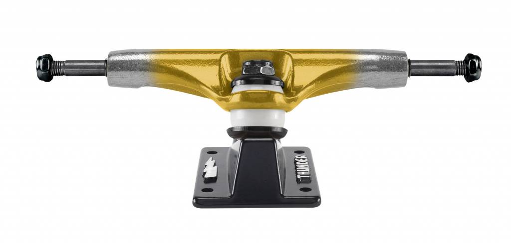 A yellow and black THUNDER SONORA HOLLOW LIGHTS GOLD FADE 147 HI skateboard truck on a white background.