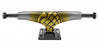 A yellow and black THUNDER skateboard truck on a black background.