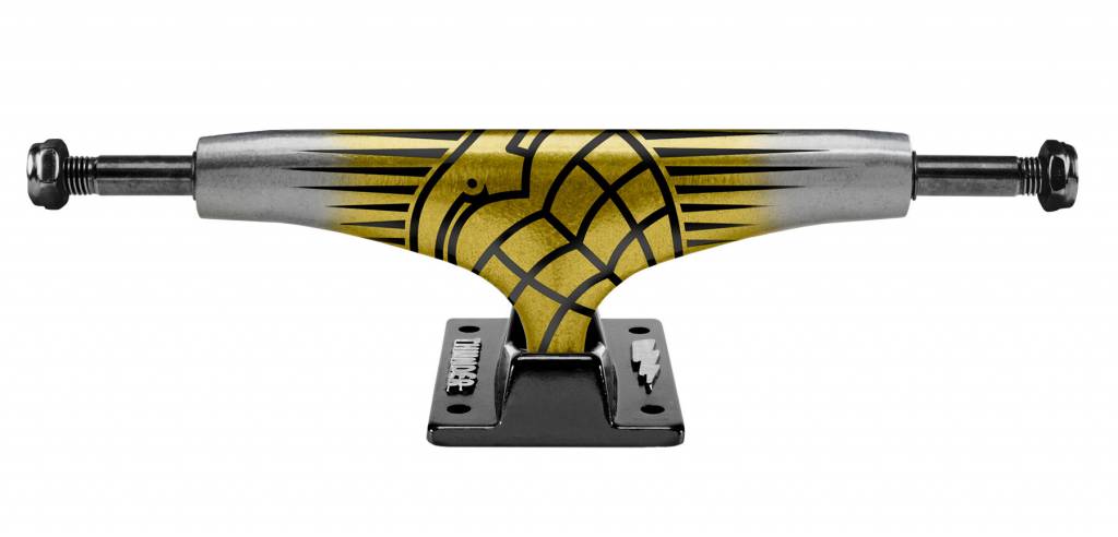 A yellow and black THUNDER skateboard truck on a black background.