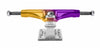 A purple and yellow THUNDER TRUCKS 148 STRKFADE PRP/GLD skateboard truck on a white background.