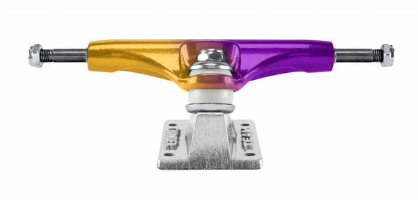 A purple and yellow THUNDER TRUCKS 148 STRKFADE PRP/GLD skateboard truck on a white background.