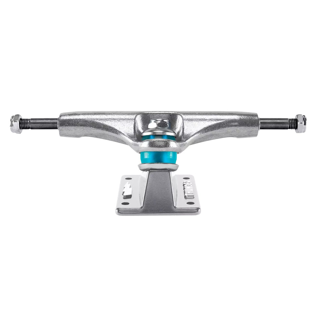 Two THUNDER TRUCKS 147 HOLLOW POLISHED II (SET OF TWO), gleaming silver skateboard trucks are showcased on a clean white background.