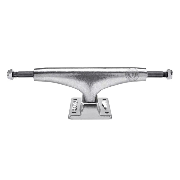 A set of two silver THUNDER TRUCKS 147 HOLLOW POLISHED II skateboard trucks on a white background.