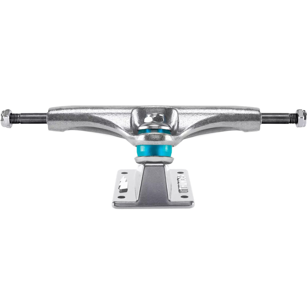 A silver THUNDER TRUCKS 148 HOLLOW POLISHED II set of two skateboard trucks on a white background.