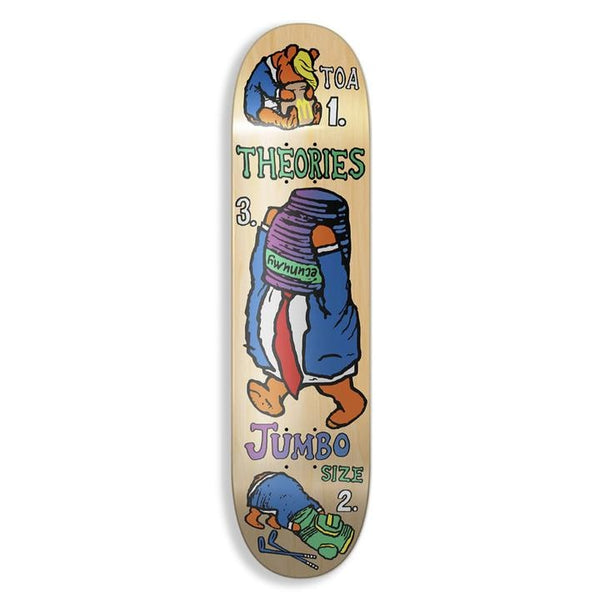 A THEORIES skateboard deck featuring colorful, cartoonish graphics of anthropomorphic canned goods, sized 8.25, explores ECUNUMY theories.
