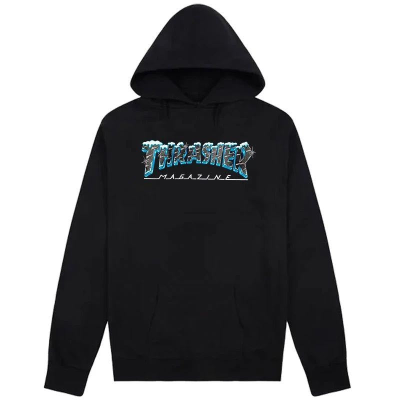 Black and discount blue thrasher hoodie