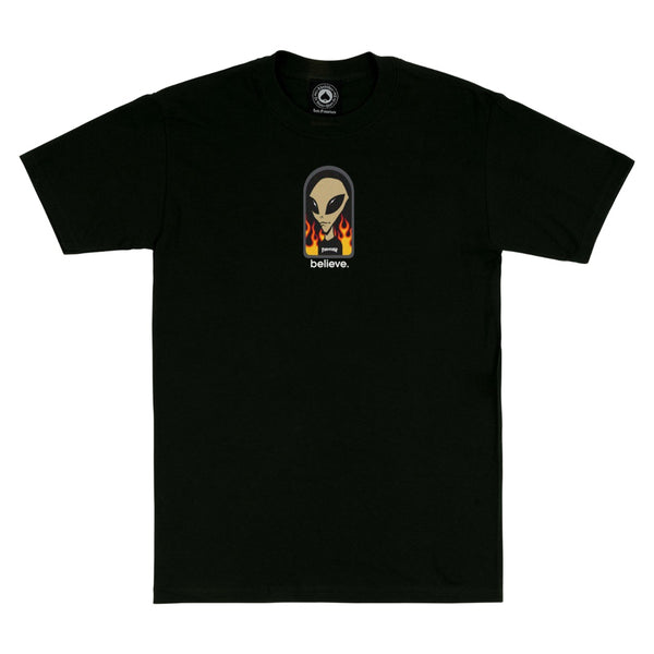 A THRASHER black t-shirt with a picture of an alien on it.