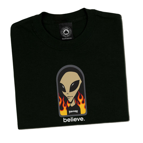 A Thrasher black t-shirt with a picture of an alien on it.