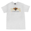 Introducing the THRASHER FORTUNE LOGO TEE ASH GREY by THRASHER: an ash grey T-shirt that showcases the iconic Thrasher Skateboard Magazine flame logo alongside a striking pentagram graphic. This logo tee seamlessly blends edgy style with skate culture.