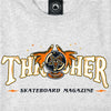 The THRASHER FORTUNE LOGO TEE ASH GREY by THRASHER features the iconic Thrasher Skateboard Magazine logo on an ash grey t-shirt. The design incorporates the word "Thrasher" with stylized hands surrounding a pentagram logo below, making it an ideal choice for skate enthusiasts.