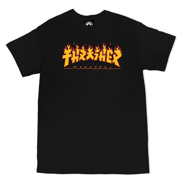 The THRASHER GODZILLA FLAME TEE BLACK features the iconic THRASHER Magazine logo on the front with a flame design in red and yellow above stylized text, making it a must-have for any streetwear enthusiast.