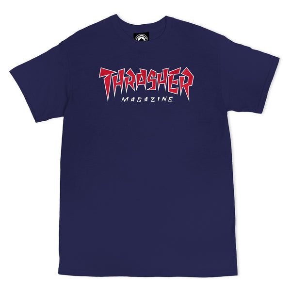 A navy Thrasher jagged logo t-shirt.