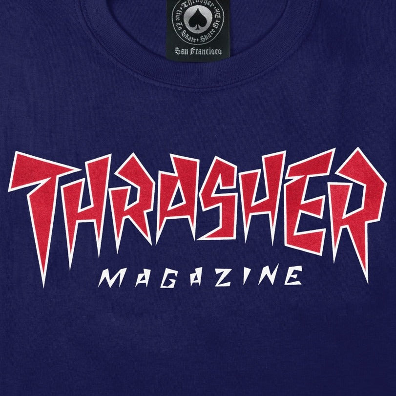 A THRASHER JAGGED LOGO TEE NAVY with the brand name Thrasher on it.