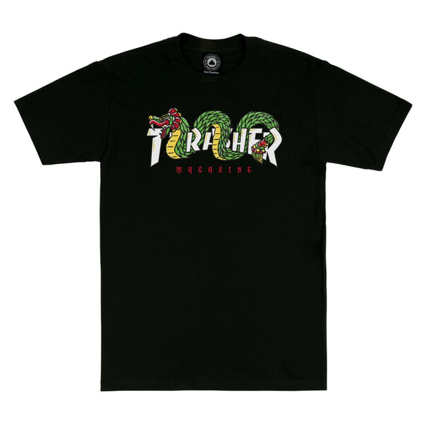 A THRASHER black t-shirt with the words together on it.