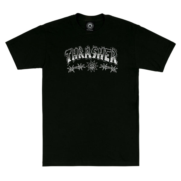 A THRASHER BARBED WIRE TEE BLACK on a white background.