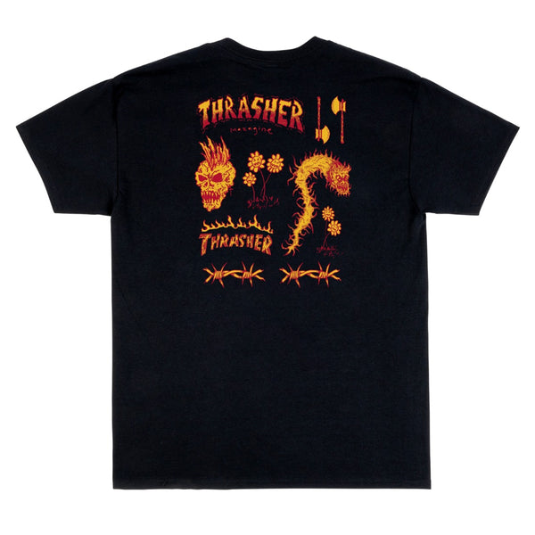 A THRASHER Sketch Tee Black with a picture of a dragon on it.