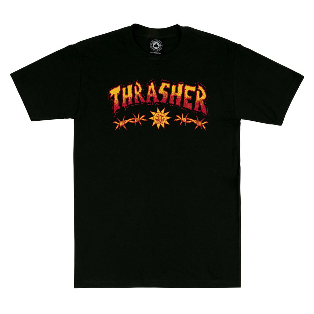 A Thrasher Sketch Tee Black with the word Thrash printed on it.