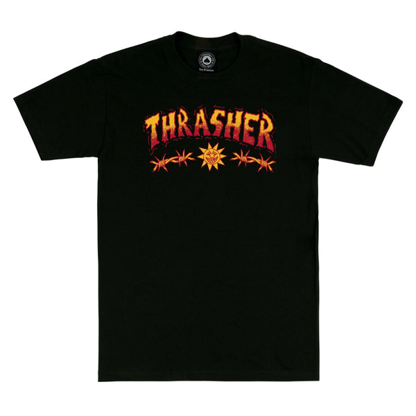 A Thrasher Sketch Tee Black with the word Thrash printed on it.