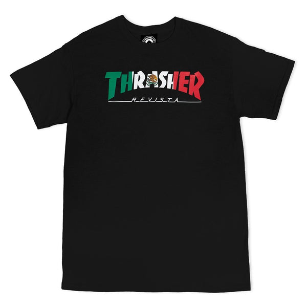 THRASHER MEXICO TEE BLACK by THRASHER features the "THRASHER REVISTA" text in vibrant red, white, and green letters on the front, capturing a bold and unique Mexico Tee vibe.