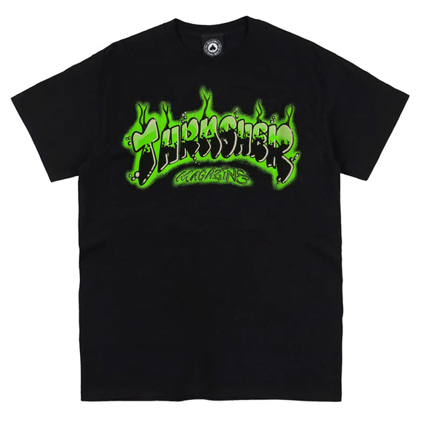 THRASHER AIR BRUSH TEE BLACK featuring "THRASHER Magazine" written in a green, flame-like font on the front.