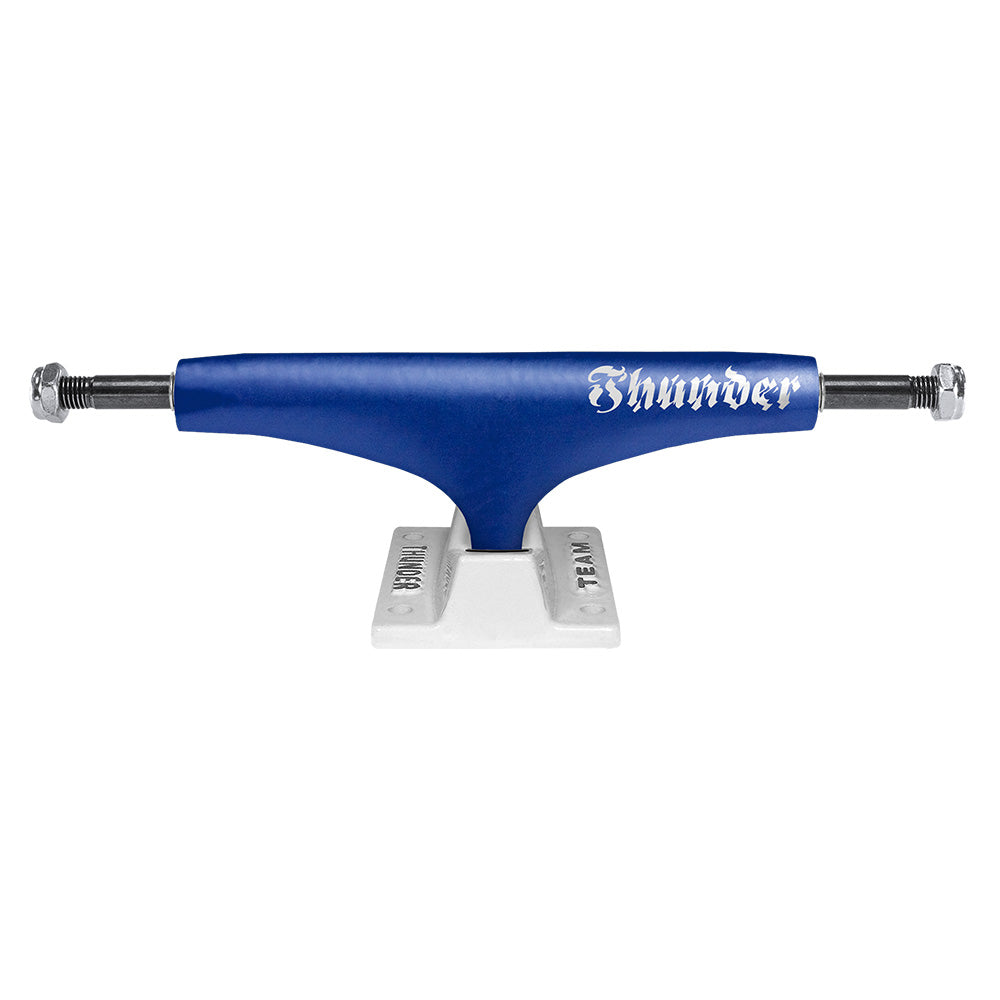 A blue and white THUNDER TRUCKS 147 AFTERSHOCK TEAM BLUE (SET OF TWO) skateboard truck on a white background.